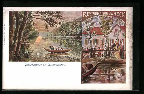 Künstler-AK Kaiserslautern, Gasthaus Blechhammer von A. Heck, Ruderidylle