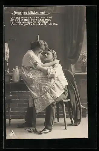 Foto-AK Photochemie Berlin Nr. 7237-1: Eigner Herd ist Goldes wert, Frau sitzt auf dem Schoss des Mannes