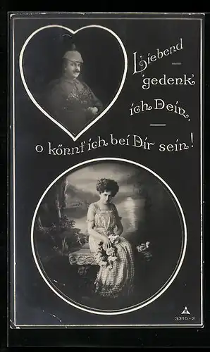 Foto-AK Photochemie Berlin Nr. 3310-2: Liebend gedenk ich Dein, Soldat in Uniform und Frau mit Blumen