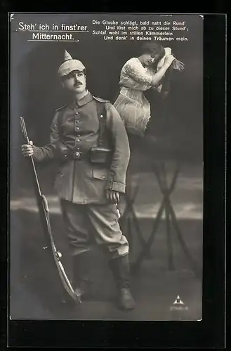 Foto-AK Photochemie Berlin Nr. 2746-6: Steh` ich in finst`rer Mitternacht, Soldat in Uniform denkt an seine Frau