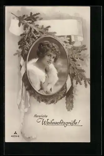 Foto-AK Photochemie Berlin Nr. 4609-6: Frau mit weissem Pelzkragen, Weihnachtsgrüsse