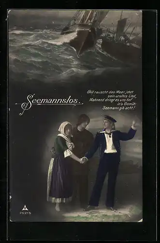 Foto-AK Photochemie Berlin Nr. 2531-5: Seemannslos, Dame in Tracht mit zwei Matrosen, Schiffe auf hoher See