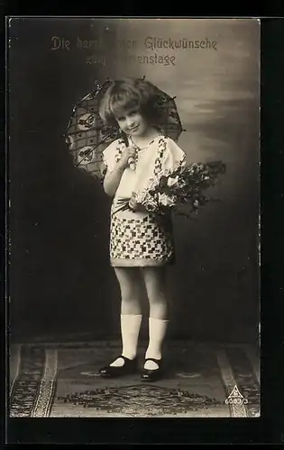 Foto-AK Photochemie Berlin Nr. 6083-3: Mädchen mit Blumenstrauss und Schirm, Glückwünsche zum Namenstag