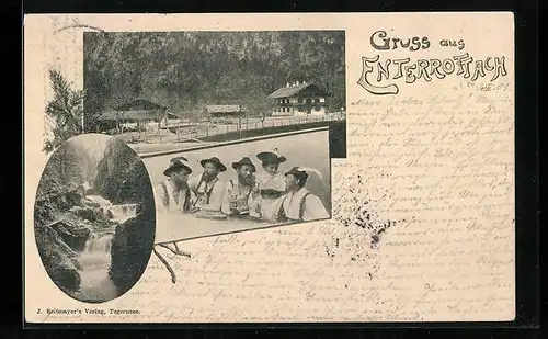 AK Enterrottach, Blick auf die Restauration, Herren in Trachten, am Wasserfall