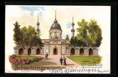 Lithographie Schwetzingen, Passanten auf dem Vorhof zur Moschee