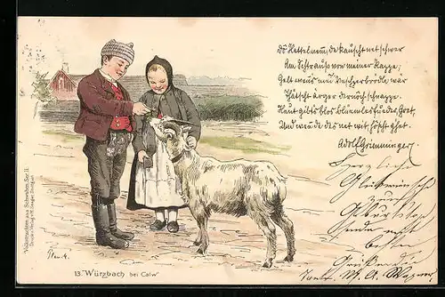 Lithographie Würzbach bei Calw, Kinder in Trachten füttern eine Ziege