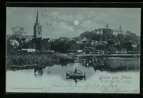 Mondschein-AK Ploen, Ruderboot auf dem See mit Blick auf Stadt und Kirche