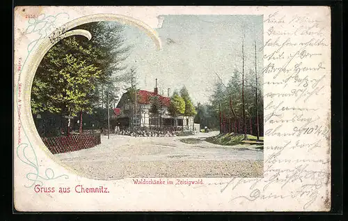 Lithographie Chemnitz, auf dem Weg zur Waldschänke im Zeisigwald