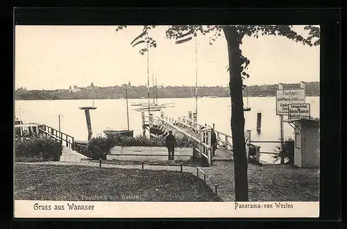 AK Berlin-Wannsee, Panorama mit Seesteg von Westen