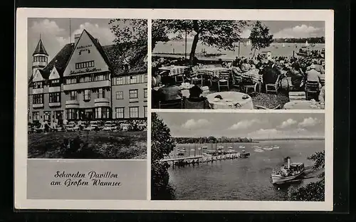 AK Berlin-Wannsee, Gasthaus Schweden Pavillon, Besucher im Gartenlokal, Blick auf den Seesteg