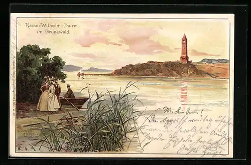Künstler-AK Berlin-Grunewald, Ruderboot am Ufer mit Blick zum kaiser Wilhelm-Turm