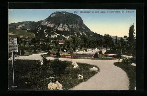 AK Singen-Hohentwiel, Blick vom Stadtgarten hinauf zur Burg