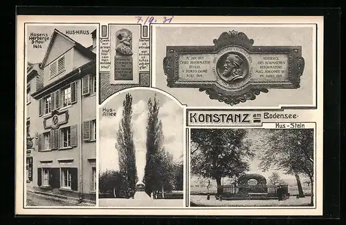 AK Konstanz am Bodensee, Blick in die Hus-Allee, das Hus-Haus, am Hus-Stein