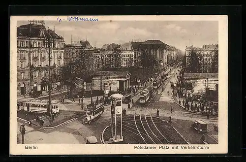 AK Berlin-Tiergarten, Strassenbahnen am Verkehrszentrum auf dem Potsdamer Platz