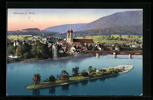 AK Säckingen am Rhein, Blick vom Ufer auf die Kirche und die Stadt