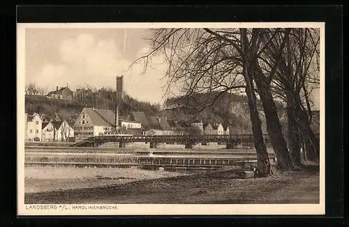 AK Landsberg a. Lech, Uferpartie an der Karolinenbrücke