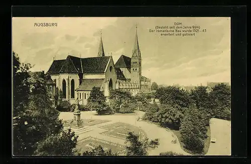 AK Augsburg, Platzpartie mit Denkmal am Dom