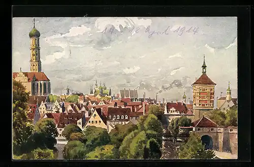 Künstler-AK Augsburg, Blick auf die St. Ulrichskirche und das Rote Tor