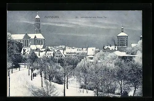 AK Augsburg, St. Irichskirche und das Rote Tor im Winter