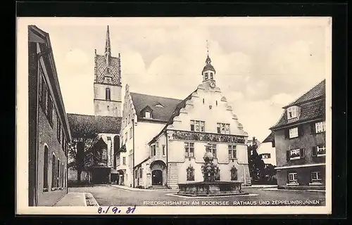 AK Friedrichshafen a. B., Rathaus und Zeppelinbrunnen