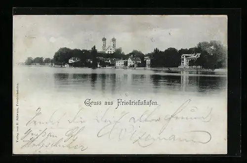 Mondschein-AK Friedrichshafen, Ortsansicht vom Wasser aus