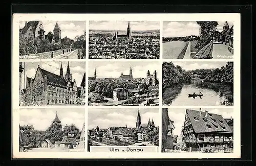 AK Ulm a. D., Metzgerturm, Stadtmauer, Friedrichsau, Rathaus