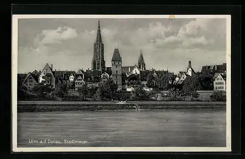 AK Ulm a. D., Uferpartie mit Stadtmauer