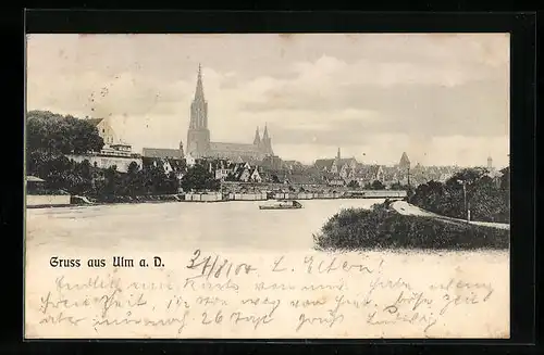 AK Ulm a. D., Flusspartie mit Blick zum Ort