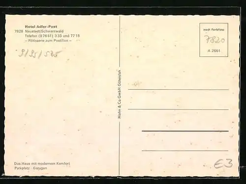 AK Neustadt /Schwarzw., Hotel Adler-Post