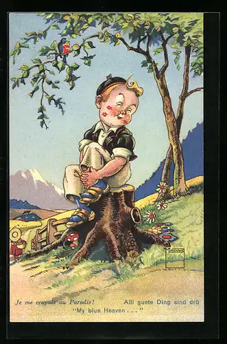 Künstler-AK Paul Minouvis: Junge mit Knutschflecken auf einem Baumstumpf