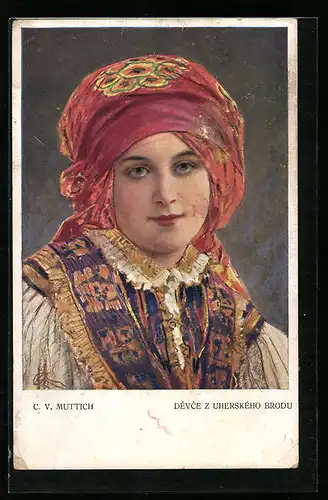 Künstler-AK Camil Vladislav Muttich: Frau mit buntem Kopftuch, Devece Z Uherskeho Brodu