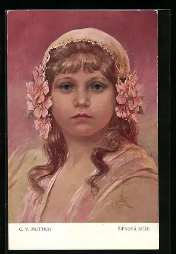 Künstler-AK Camil Vladislav Muttich: Frau mit Kopftuch und Blumen im Haar, Sipkova Ruze