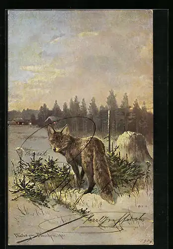 Künstler-AK M. Müller jun.: Fuchs in der Winterlandschaft