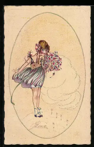 Künstler-AK Erna Maison-Kurt: Mädchen im bunten Kleid mit Blumenstrauss