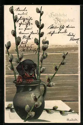 Künstler-AK Alfred Mailick: Vase mit Osterzweigen und Dackel