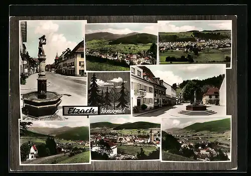 AK Elzach /Schwarzwald, Ortsansicht aus der Vogelschau, Strassenpartie, Brunnen