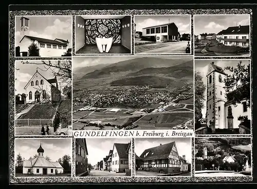 AK Gundelfingen i. Br., Gesamtansicht aus der Vogelschau, Kirche, Neubaugebiet, Strassenpartie