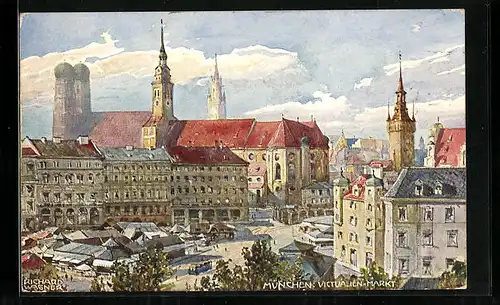Künstler-AK Richard Wagner: München, Victualien-Markt mit Ständen aus der Vogelschau