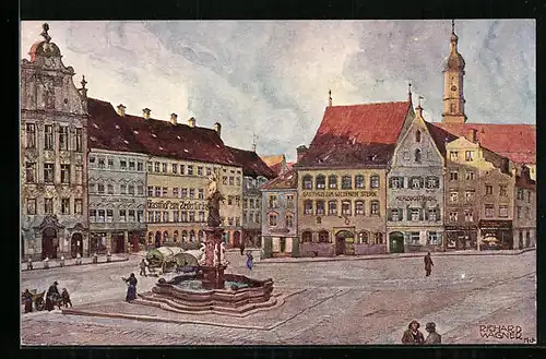 Künstler-AK Richard Wagner: Landsberg a. Lech, Hautplatz mit Gasthof zum Zederbräu u. Goldenen Stern