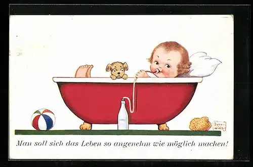 Künstler-AK John Wills: Baby macht es sich in der Badewanne gemütlich