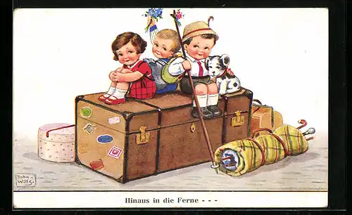 Künstler-AK John Wills: Kleine Resisegruppe auf gepacktem Koffer