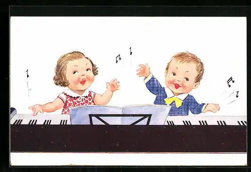 Künstler-AK John Wills unsign.: Kleine Musikanten am Klavier