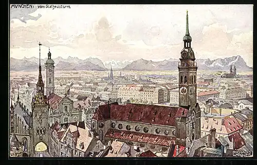 Künstler-AK Richard Wagner: München, Ortsansicht vom Rathausturm, mit Alpen