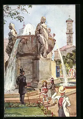 Künstler-AK Richard Wagner: München, Flaneure am Nornenbrunnen mit protestantischer Kirche
