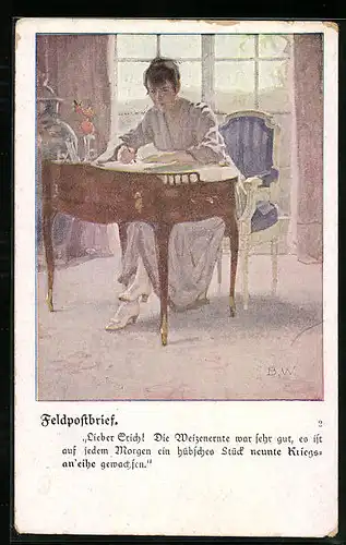 Künstler-AK Brynolf Wennerberg: Junge Dame berichtet über Weizenernte für Kriegsanleihen, Feldpostbrief