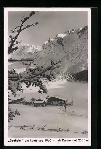 AK Mittenwald, Gasthaus Seeheim am Lautersee mit Karwendel im Winter