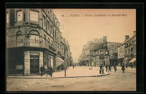 AK Flers, Place Gambetta et Grande-Rue