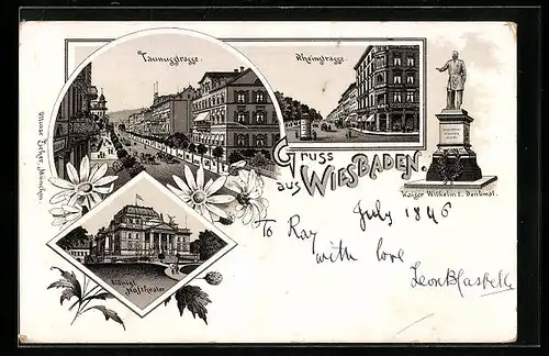 Lithographie Wiesbaden, Taunusstrasse, Rheinstrasse, Königl. Hoftheater, Kaiser Wilhelm I. Denkmal