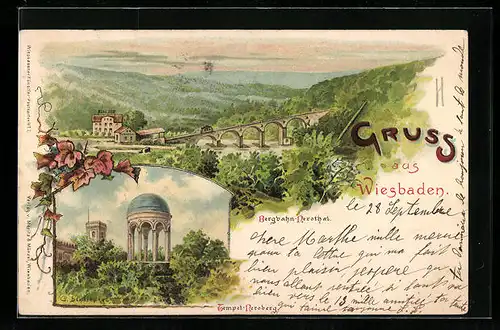 Lithographie Wiesbaden, Bergbahn-Nerothal, Tempel Neroberg