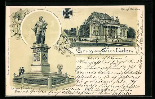 Lithographie Wiesbaden, Kaiser Friedrich Denkmal, Königl. Theater